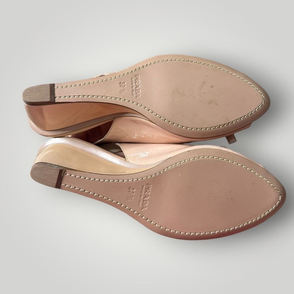Prada Patent Leather Slingback Wedge Sandals Bow Peep Toe Nude Pink Size 37.5 - Picture 10 of 16